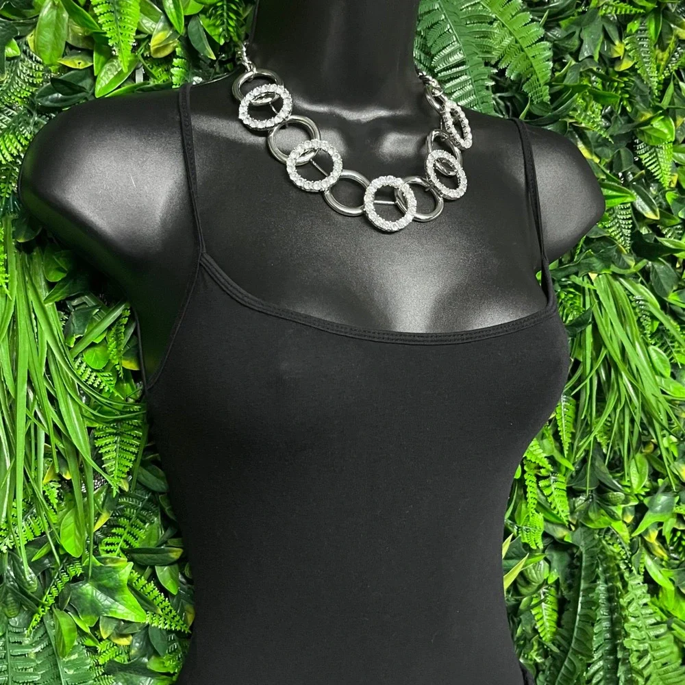 Interlocking Ring Statement Necklace‎ Silver Tone Crystal Rhinestone Collar 3979